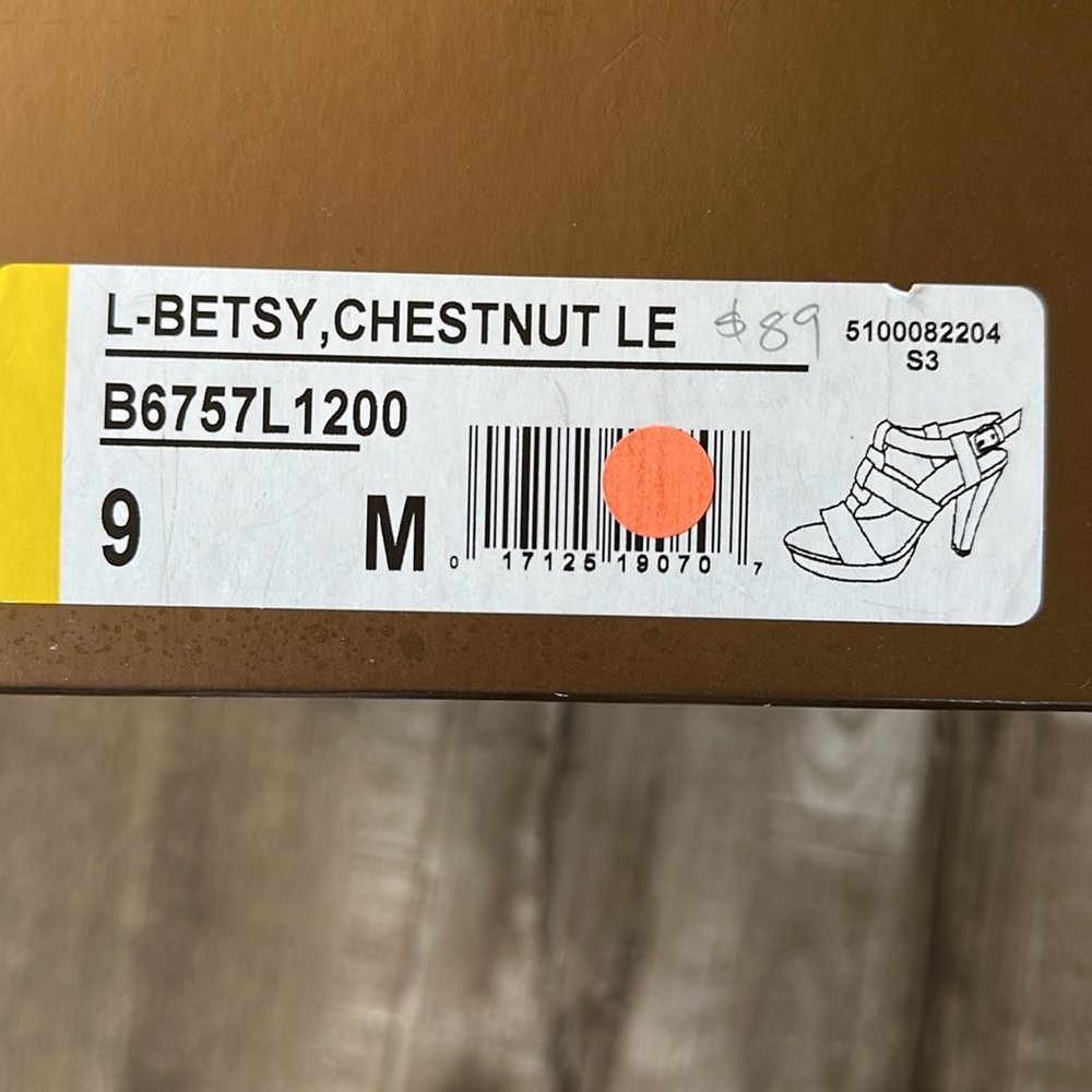 4.5” Stacked Wood Platform Leather Franco Sarto Betsy Chestnut Strappy Heels 9 - Picture 15 of 16